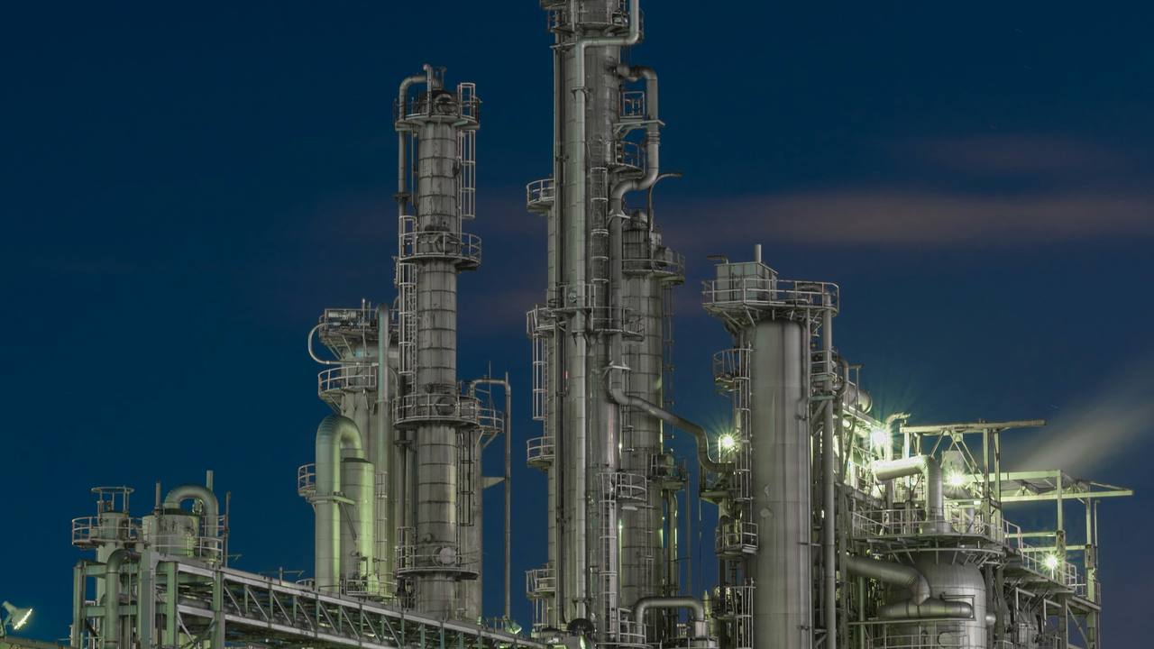 Processing plant lit up at night